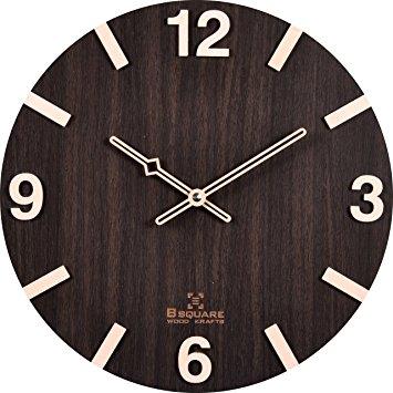 Bsquare 12 inches Handcrafted Wooden Wall Clock,Dark Brown